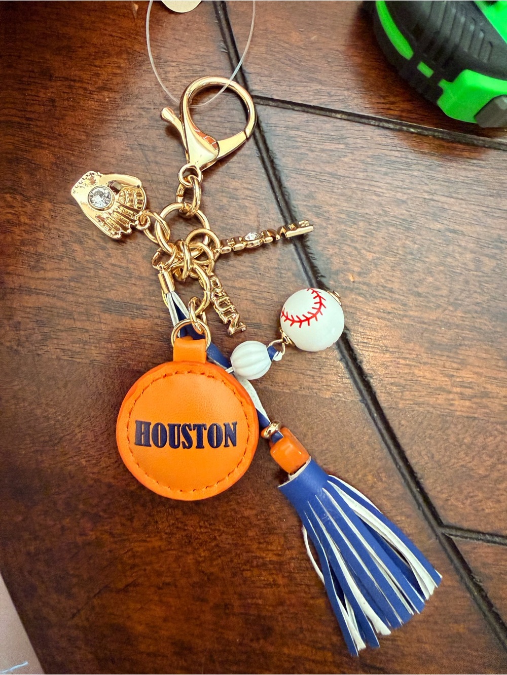 Anthropologie Orange and Blue Houston baseball Tassel Keychain
